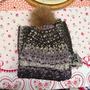 Frye Cozy Knit Beanie with Pom Pom - Brown and Purple